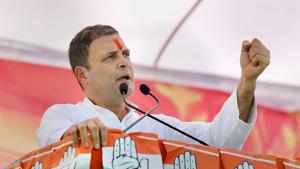 Congress President Rahul Gandhi addresses a public meeting in Datia.(PTI Photo) Congress President Rahul Gandhi addresses a public meeting in Datia.(PTI Photo)
