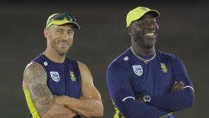 South Africa's captain Faf du Plessis and coach Ottis Gibson attend a practice session.(AP) South Africa's captain Faf du Plessis and coach Ottis Gibson attend a practice session.(AP)