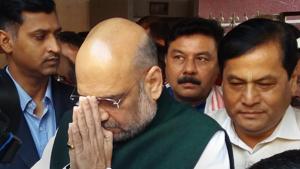BJP national president Amit Shah with Assam chief minister Sarbanada Sonwal and other party leaders during a visit to Kamakhya Temple, in Guwahati on October 17.(PTI Photo) BJP national president Amit Shah with Assam chief minister Sarbanada Sonwal and other party leaders during a visit to Kamakhya Temple, in Guwahati on October 17.(PTI Photo)