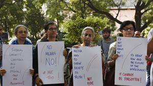 Electronic and Print media journalists stand to protest against the sexual harassment at the work places as part of the #Metoo campaign at Parliament Street in New Delhi, India, on Saturday, October 13, 2018. (Photo by Mohd Zakir/ Hindustan Times)(Mohd Zakir/HT PHOTO) Electronic and Print media journalists stand to protest against the sexual harassment at the work places as part of the #Metoo campaign at Parliament Street in New Delhi, India, on Saturday, October 13, 2018. (Photo by Mohd Zakir/ Hindustan Times)(Mohd Zakir/HT PHOTO)