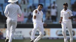 Pakistan's Mohammad Abbas, center, celebrates after taking the wicket of Australia's Aaron Finch during their test match.(AP) Pakistan's Mohammad Abbas, center, celebrates after taking the wicket of Australia's Aaron Finch during their test match.(AP)