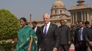 Defence minister Nirmala Sitharaman escorts US defence secretary James Mattis to defense ministry office for a delegation level meeting in New Delhi onSeptember 26, 2017.(AP File Photo) Defence minister Nirmala Sitharaman escorts US defence secretary James Mattis to defense ministry office for a delegation level meeting in New Delhi onSeptember 26, 2017.(AP File Photo)