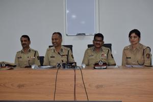 (From left) Pradip Deshpande, additional commissioner of police, crime; K Venkatesham, commissioner of police; Shivaji Bodkhe, joint commissioner of police and Jyotpriya Singh, deputy commissioner of police, cyber crime, during the inauguration.