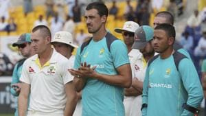Australia's players from left to right, Marnus Labuschagne, Mitchell Sarc and Usman Khawaja react during the prize giving ceremony after they lost to Pakistan in their test match in Abu Dhabi, United Arab Emirates, Friday, Oct. 19, 2018(AP)