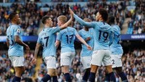 Manchester City's Leroy Sane celebrates scoring their fifth goal with team mates.(REUTERS) Manchester City's Leroy Sane celebrates scoring their fifth goal with team mates.(REUTERS)