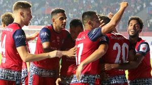 Players of Jamshedpur FC (Red jersey) celebrate after scoring a goal against ATK, Kolkata during the Indian Super League (ISL) football match 2018 .(PTI) Players of Jamshedpur FC (Red jersey) celebrate after scoring a goal against ATK, Kolkata during the Indian Super League (ISL) football match 2018 .(PTI)
