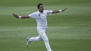 File image of Mohammad Abbas celebrating the fall of a wicket during a Test match.(AP) File image of Mohammad Abbas celebrating the fall of a wicket during a Test match.(AP)