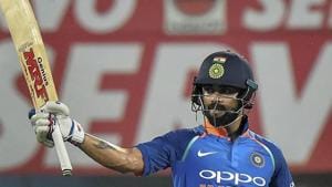 Indian cricket team Captain Virat Kohli celebrates his half century during the first One Day International cricket match against West Indies.(PTI)