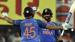 Guwahati: Indian cricketer Rohit Sharma celebrates his century with captain Virat kohli during the first One Day International cricket match against West Indies.(PTI) Guwahati: Indian cricketer Rohit Sharma celebrates his century with captain Virat kohli during the first One Day International cricket match against West Indies.(PTI)