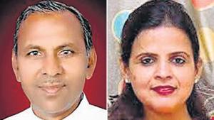 Incumbent Barmer MLA Mevaram Jain (L) and BJP nominee in 2013 nominee Priyanka Choudhary.(File photo) Incumbent Barmer MLA Mevaram Jain (L) and BJP nominee in 2013 nominee Priyanka Choudhary.(File photo)