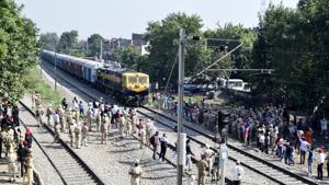 Security on high alert as a train passes by after resumption of railway services since the train accident, in Amritsar.(Sameer Sehgal /HT) Security on high alert as a train passes by after resumption of railway services since the train accident, in Amritsar.(Sameer Sehgal /HT)