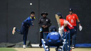 Kamindu Mendis of Sri Lanka Cricket Board XI bowls right arm over to Eoin Morgan of England during the tour match between Sri Lanka Cricket Board XI and England at P Sara Oval on October 5, 2018 in Colombo.(Getty Images) Kamindu Mendis of Sri Lanka Cricket Board XI bowls right arm over to Eoin Morgan of England during the tour match between Sri Lanka Cricket Board XI and England at P Sara Oval on October 5, 2018 in Colombo.(Getty Images)