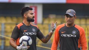 Guwahati: Team India captain Virat Kohli and MS Dhoni during a practice session ahead of the first One Day International cricket match against West Indies, at ACA Cricket Stadium, Barsapara in Guwahati(PTI) Guwahati: Team India captain Virat Kohli and MS Dhoni during a practice session ahead of the first One Day International cricket match against West Indies, at ACA Cricket Stadium, Barsapara in Guwahati(PTI)