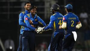 Sri Lankan cricketer Akila Dananjaya (2L) celebrates with teammates after he dismissed England cricketer Ben Stokes during the fifth and final one day international (ODI) cricket match between Sri Lanka and England.(AFP) Sri Lankan cricketer Akila Dananjaya (2L) celebrates with teammates after he dismissed England cricketer Ben Stokes during the fifth and final one day international (ODI) cricket match between Sri Lanka and England.(AFP)