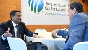 India’s Vikram Limaye (left) speaks to David Peever before an ICC board meeting.(Getty Images) India’s Vikram Limaye (left) speaks to David Peever before an ICC board meeting.(Getty Images)