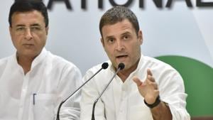 Congress Party President Rahul Gandhi during a press conference on the issue of CBI chief Alok Verma’s removal from the post and Rafale deal controversy at AICC headquarters in New Delhi, India on Thursday, October 25, 2018.(Sonu Mehta/HT PHOTO)