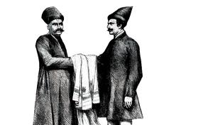 The man on the right is a Parsi, typically on the staff of a European cotton firm as a broker or clerk. His job would have been to show the goods, high-quality cotton fabric, to Hindu buyers like the man on the right, accept bids from each of them and submit it all in a book to his bosses.(The Graphic) The man on the right is a Parsi, typically on the staff of a European cotton firm as a broker or clerk. His job would have been to show the goods, high-quality cotton fabric, to Hindu buyers like the man on the right, accept bids from each of them and submit it all in a book to his bosses.(The Graphic)