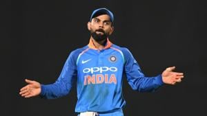 Indian cricket team captain Virat Kohli gestures towards the stands during the second one day international (ODI) cricket match between India and West Indies(AFP) Indian cricket team captain Virat Kohli gestures towards the stands during the second one day international (ODI) cricket match between India and West Indies(AFP)