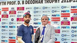 New Delhi: BCCI Acting President C K Khanna presents D. B. Deodhar Winner Trophy to Ajinkya Rahane, captain of India C team, at Ferozshah Kotla Stadium in New Delhi, Saturday, Oct 27, 2018.(PTI) New Delhi: BCCI Acting President C K Khanna presents D. B. Deodhar Winner Trophy to Ajinkya Rahane, captain of India C team, at Ferozshah Kotla Stadium in New Delhi, Saturday, Oct 27, 2018.(PTI)