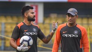 Guwahati: Team India captain Virat Kohli and MS Dhoni during a practice session ahead of the first One Day International cricket match against West Indies(PTI) Guwahati: Team India captain Virat Kohli and MS Dhoni during a practice session ahead of the first One Day International cricket match against West Indies(PTI)