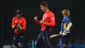 England's cricketer Joe Denly (C) celebrates after he dismissed Sri Lankan cricketer Lasith Malinga (back, R) during the Twenty20 International cricket match between Sri Lanka and England at the R. Premadasa Stadium in Colombo on October 27, 2018.(AFP) England's cricketer Joe Denly (C) celebrates after he dismissed Sri Lankan cricketer Lasith Malinga (back, R) during the Twenty20 International cricket match between Sri Lanka and England at the R. Premadasa Stadium in Colombo on October 27, 2018.(AFP)