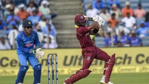 West Indies batsman J Holder plays a shot during the third ODI cricket match against India, in Pune, Saturday.(PTI)