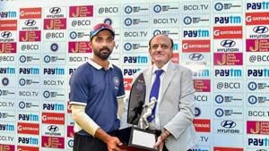 BCCI Acting President C K Khanna presents D. B. Deodhar Winner Trophy to Ajinkya Rahane, captain of India C team, at Ferozshah Kotla Stadium in New Delhi, Saturday.(PTI) BCCI Acting President C K Khanna presents D. B. Deodhar Winner Trophy to Ajinkya Rahane, captain of India C team, at Ferozshah Kotla Stadium in New Delhi, Saturday.(PTI)