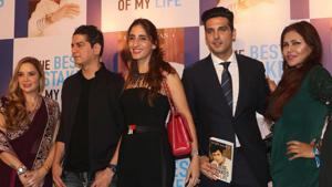 Sanjay Khan’s kids Farah and Zayed (C) at his book launch event.(Viral Bhayani) Sanjay Khan’s kids Farah and Zayed (C) at his book launch event.(Viral Bhayani)