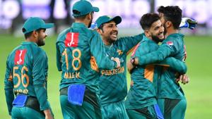 Pakistan's cricketers celebrate after winning the third T20 against Australia in Dubai(AFP) Pakistan's cricketers celebrate after winning the third T20 against Australia in Dubai(AFP)
