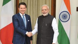 Prime Minister Narendra Modi with his Italian conterpart Giuseppe Conte at Hyderabad House in New Delhi on October 30.(HT Photo/Mohd Zakir) Prime Minister Narendra Modi with his Italian conterpart Giuseppe Conte at Hyderabad House in New Delhi on October 30.(HT Photo/Mohd Zakir)