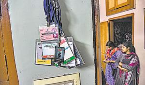Doordarshan cameraman Achyuta Nanda Sahu's passes for events he had covered. Sahu died in a Maoist attack in Chhattisgarh's Dantewada district, Oct 30, 2018(PTI) Doordarshan cameraman Achyuta Nanda Sahu's passes for events he had covered. Sahu died in a Maoist attack in Chhattisgarh's Dantewada district, Oct 30, 2018(PTI)