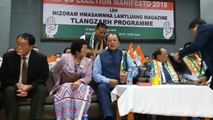 Mizoram Congress president and chief minister Lal Thanhawla (third from left) at the party’s manifesto release programme, in Aizawl on Thursday.(Utpal Parashar/HT Photo) Mizoram Congress president and chief minister Lal Thanhawla (third from left) at the party’s manifesto release programme, in Aizawl on Thursday.(Utpal Parashar/HT Photo)