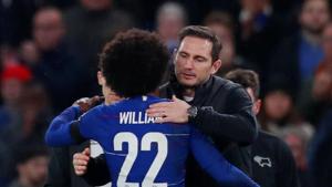 Derby County manager Frank Lampard hugs Chelsea's Willian after the match.(Action Images via Reuters) Derby County manager Frank Lampard hugs Chelsea's Willian after the match.(Action Images via Reuters)