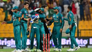 Pakistani cricketers celebrate at the end of the first T20 cricket match between Pakistan and New Zealand at the Abu Dhabi Cricket Stadium in Abu Dhabi on October 31, 2018. (Photo by GIUSEPPE CACACE / AFP)(AFP) Pakistani cricketers celebrate at the end of the first T20 cricket match between Pakistan and New Zealand at the Abu Dhabi Cricket Stadium in Abu Dhabi on October 31, 2018. (Photo by GIUSEPPE CACACE / AFP)(AFP)