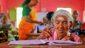 Karthyayini Amma, 96-year-old, a native of Alappuzha, appears for the Kerala State Literacy Mission Authority’s Aksharalaksham literacy examination at Government Lower Primary School, Cheppad in Alleppy district.(PTI) Karthyayini Amma, 96-year-old, a native of Alappuzha, appears for the Kerala State Literacy Mission Authority’s Aksharalaksham literacy examination at Government Lower Primary School, Cheppad in Alleppy district.(PTI)