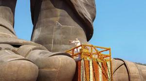Prime Minister Narendra Modi pays tribute to Sardar Vallabhbhai Patel at the newly-inaugurated 'Statue of Unity', at Kevadiya colony of Narmada district on Wednesday.(PTI)