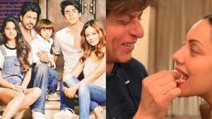 (left) Shah Rukh Khan’s throwback family picture and the actor feeds cake to wife Gauri during his midnight birthday celebrations this year.(Instagram) (left) Shah Rukh Khan’s throwback family picture and the actor feeds cake to wife Gauri during his midnight birthday celebrations this year.(Instagram)
