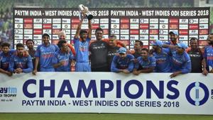 Khaleel Ahmed lifts the trophy after India beat Windies 3-1 in the series.(AFP) Khaleel Ahmed lifts the trophy after India beat Windies 3-1 in the series.(AFP)