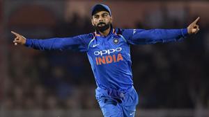 Mumbai: Indian player Virat Kohli celebrates the dismissal of West Indies' batsman Kieran Powell.(PTI) Mumbai: Indian player Virat Kohli celebrates the dismissal of West Indies' batsman Kieran Powell.(PTI)