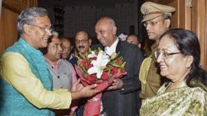 Uttarakhand chief minister Trivendra Singh Rawat greets the newly appointed Justice Ramesh Ranganathan, as the Chief Justice of Uttrakhand high court at Raj Bhavan, in Dehradun on November 2.(PTI Photo) Uttarakhand chief minister Trivendra Singh Rawat greets the newly appointed Justice Ramesh Ranganathan, as the Chief Justice of Uttrakhand high court at Raj Bhavan, in Dehradun on November 2.(PTI Photo)