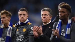 Leicester City's English midfielder Marc Albrighton (L), Leicester City's English striker Jamie Vardy (2L), Leicester City's French manager Claude Puel (2R) and Leicester City's English midfielder Demarai Gray applauds the fans following the English Premier League football(AFP) Leicester City's English midfielder Marc Albrighton (L), Leicester City's English striker Jamie Vardy (2L), Leicester City's French manager Claude Puel (2R) and Leicester City's English midfielder Demarai Gray applauds the fans following the English Premier League football(AFP)