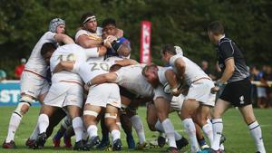 Michail Tyumenev and Sean Armstrong of Germany control the ball during the Germany v Samoa Rugby World Cup 2019 qualifying match on July 14, 2018 in Heidelberg, Germany(World Rugby via Getty Images) Michail Tyumenev and Sean Armstrong of Germany control the ball during the Germany v Samoa Rugby World Cup 2019 qualifying match on July 14, 2018 in Heidelberg, Germany(World Rugby via Getty Images)