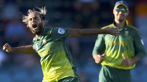 Imran Tahir of South Africa celebrates after taking a wicket against Australia Prime Minister's XI.(AP) Imran Tahir of South Africa celebrates after taking a wicket against Australia Prime Minister's XI.(AP)