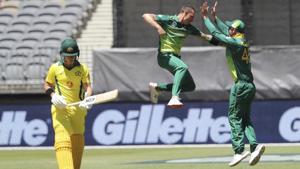 Dale Steyn celebrates after dismissing Australia's D'Arcy Short.(AP) Dale Steyn celebrates after dismissing Australia's D'Arcy Short.(AP)