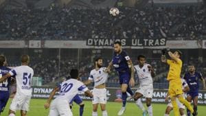 File Photo: Delhi Dynamos FC goalkeeper jumps to save a goal during their Hero Indian Super League soccer match.(AP) File Photo: Delhi Dynamos FC goalkeeper jumps to save a goal during their Hero Indian Super League soccer match.(AP)