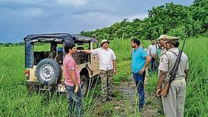 Dudhwa Tiger Reserve officials inspect the spot where a tigress was killed in Kishanpur sanctuary.(HT PHOTO) Dudhwa Tiger Reserve officials inspect the spot where a tigress was killed in Kishanpur sanctuary.(HT PHOTO)