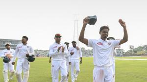 Bangladesh cricketer Taijul Islam (R) acknowledges the crowd as he gets 11 wickets during the third day of the first Test cricket match between Bangladesh and Zimbabwe in Sylhet .(AFP) Bangladesh cricketer Taijul Islam (R) acknowledges the crowd as he gets 11 wickets during the third day of the first Test cricket match between Bangladesh and Zimbabwe in Sylhet .(AFP)