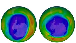 This combination of images made available by NASA shows areas of low ozone above Antarctica on September 2000, left, and September 2018. The purple and blue colours are where there is the least ozone, and the yellows and reds are where there is more ozone. A United Nations report released on Monday, Nov. 5, 2018 says Earth’s protective ozone layer is finally healing after aerosol sprays and coolants ate away at it.(AP) This combination of images made available by NASA shows areas of low ozone above Antarctica on September 2000, left, and September 2018. The purple and blue colours are where there is the least ozone, and the yellows and reds are where there is more ozone. A United Nations report released on Monday, Nov. 5, 2018 says Earth’s protective ozone layer is finally healing after aerosol sprays and coolants ate away at it.(AP)
