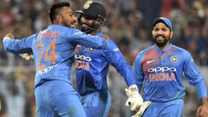 Krunal Pandey celebrates the wicket of West Indies batsman Kieran Pollard.(PTI) Krunal Pandey celebrates the wicket of West Indies batsman Kieran Pollard.(PTI)