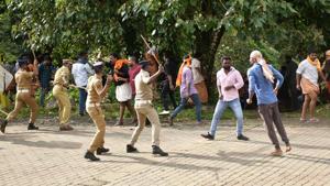 Sabarimala temple opening day LIVE updates: Police lathicharge protesters opposing the entry of girls and women of menstrual age into the hill shrine of Lord Ayyappa in Sabarimala.(PTI/File Photo) Sabarimala temple opening day LIVE updates: Police lathicharge protesters opposing the entry of girls and women of menstrual age into the hill shrine of Lord Ayyappa in Sabarimala.(PTI/File Photo)